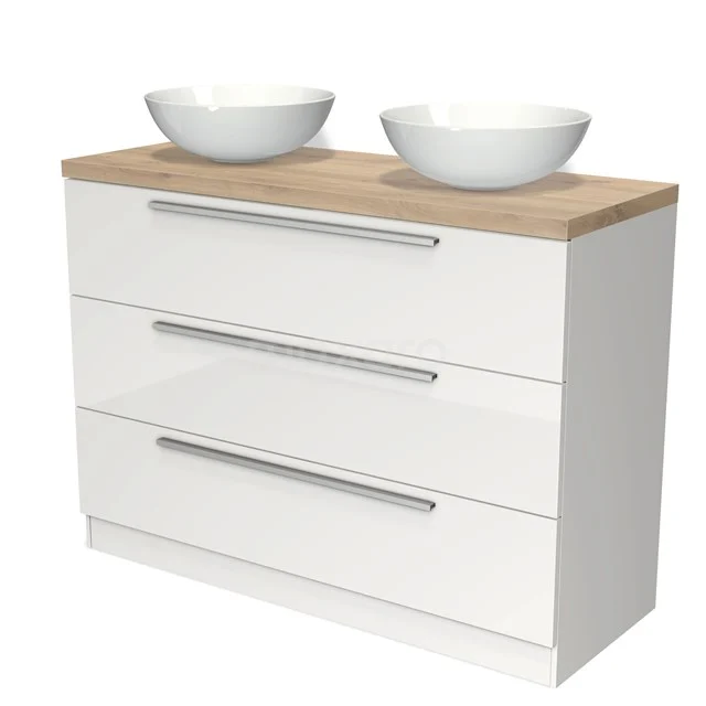 Weißes Badezimmermöbel mit Holzplatte, doppelten Aufsatzwaschbecken und drei Schubladen, ideal für eine moderne Badezimmergestaltung.