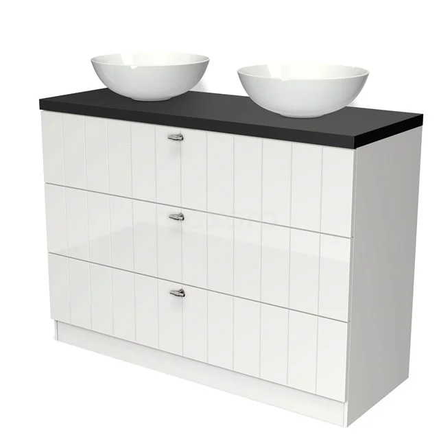 Weißes Badmöbel mit mattschwarzer Platte, drei Schubladen und zwei runden Waschbecken, perfekt für einen modernen Badezimmerstil.