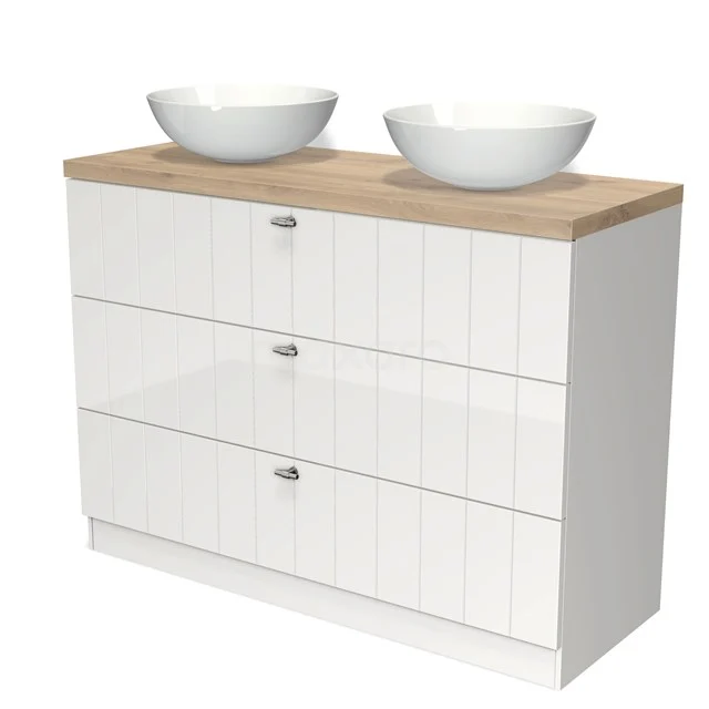 Modulo Plato Badmöbel mit Aufsatzwaschbecken | 120 cm Hochglanz Weiß Lamelle front Hellbraune Eiche blatt 3 stehende Schubladen BMK19S-00289 Weißen Badschrank mit Holzlook Platte, doppelten Aufsatzwaschbecken und drei Schubladen für stilvollen und praktischen Badezimmerstauraum.