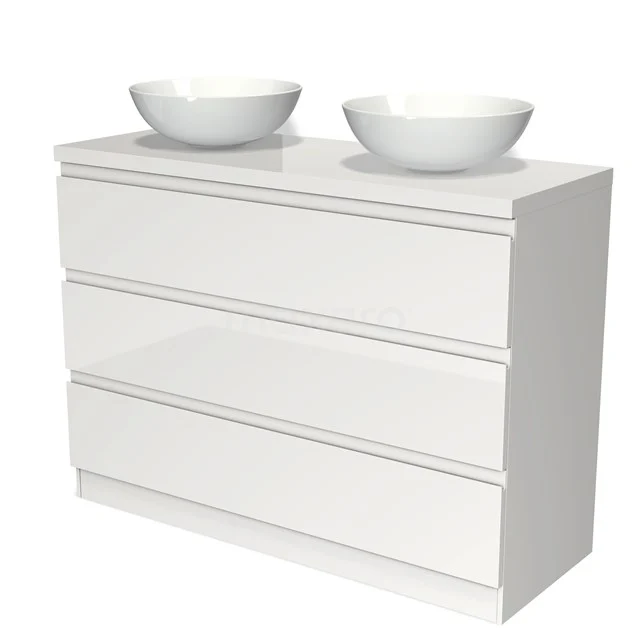 Badmöbel für Waschtischunterschrank mit Konsole 120cm Modulo Plato Hochglanz Weiß 3 Schubladen Stehender Schubladengriff Frei BMK19S-00297 Weißes Waschtisch mit doppelten runden Aufsatzwaschbecken, klaren Linien und Softclose-Schubladen, ideal für moderne Bäder.