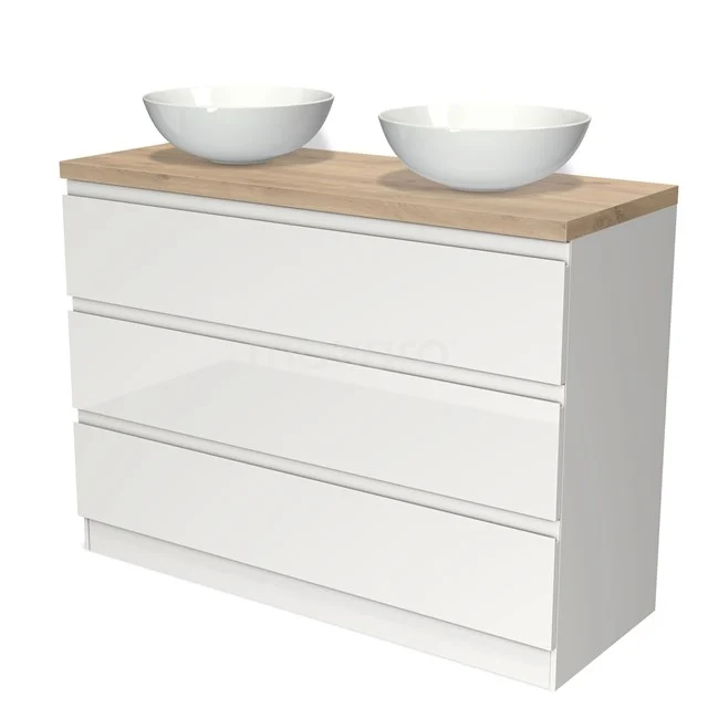 Modulo Plato Badmöbel mit Aufsatzwaschbecken | 120 cm Hochglanz Weiß Grifflos front Hellbraune Eiche blatt 3 stehende Schubladen BMK19S-00303 Weiße Badmöbelset mit Holzplatte und zwei Aufsatzwaschbecken, ideal für eine moderne Badezimmergestaltung.