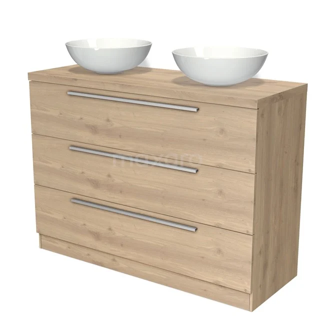 Wooden bathroom unit with light wood grain, two round ceramic countertop wash basins and three spacious drawers with metal handles.