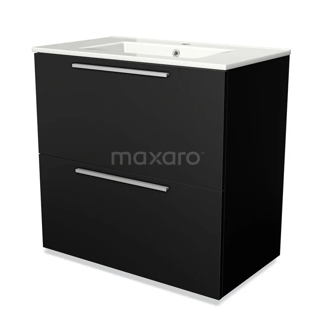 Zwart zwevend badkamermeubel met wastafel, minimalistisch ontwerp, twee lades en strakke chromen handgrepen.