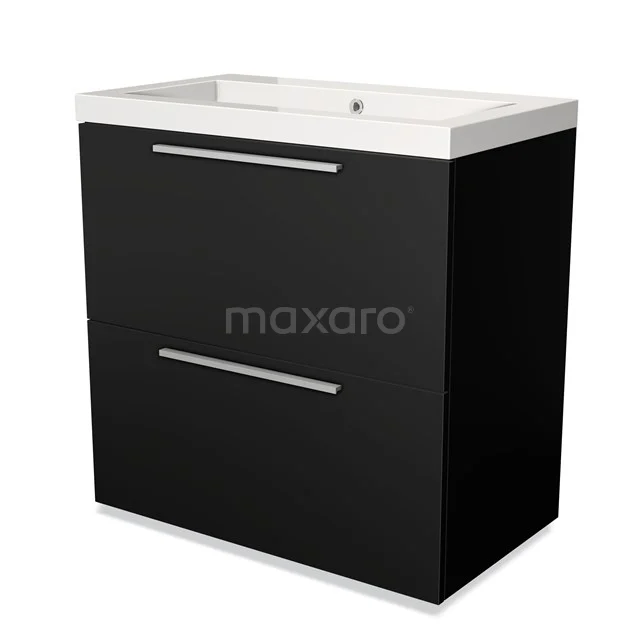Zwarte badkamermeubelset met witte keramische wasbak, twee lades en strak design, ideaal voor moderne badkamers.