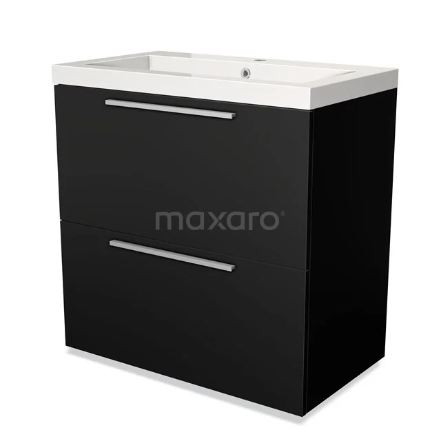 Zwarte badkamerkast met twee lades, slanke metalen handgrepen en een witte keramische wastafel, modern ontwerp.