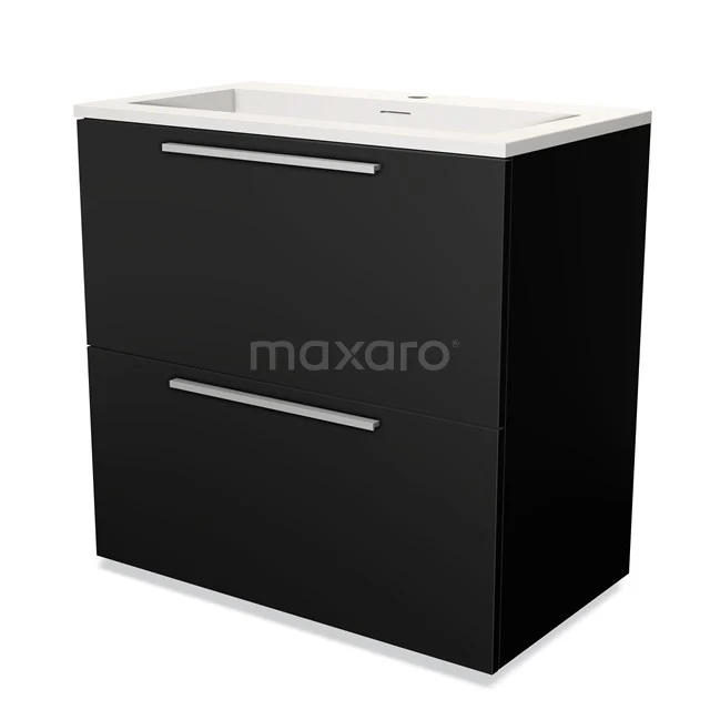 Zwarte badkamermeubel met twee lades en witte wastafel, strak design, ideaal voor moderne badkamers.