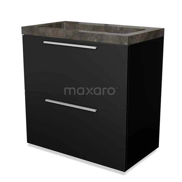 Zwarte badkamermeubel met twee lades en een wastafelblad in donker betonlook, ideaal voor moderne badkamers.