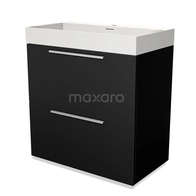 Zwarte badkamermeubel met witte wastafel, strak design en twee lades, ideaal voor moderne badkamerinrichting.