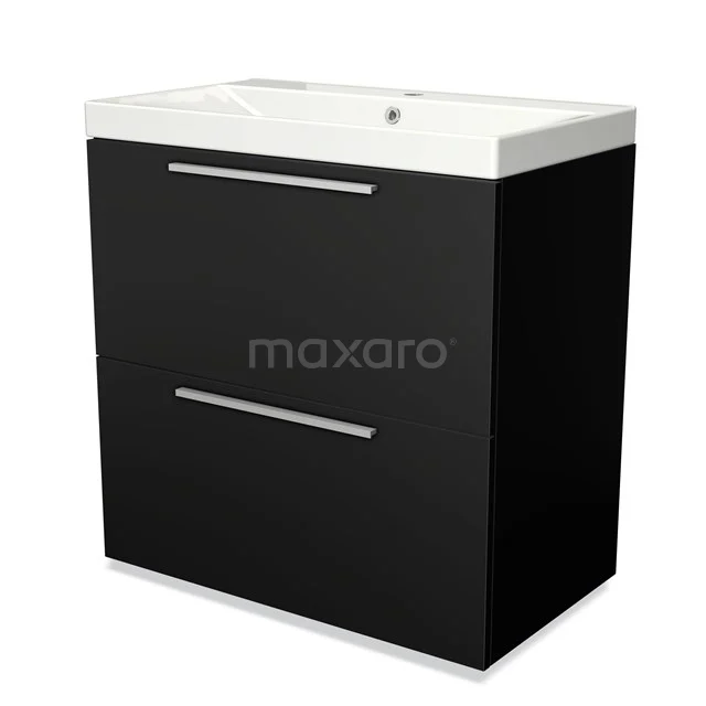 Zwart badkamermeubel met witte wastafel, strak design, twee lades met chromen grepen, perfect voor moderne badkamers.