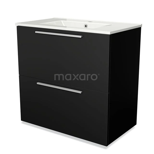 Zwart badkamermeubel met 2 lades, strak design, metalen handgrepen en witte wastafel van keramiek.