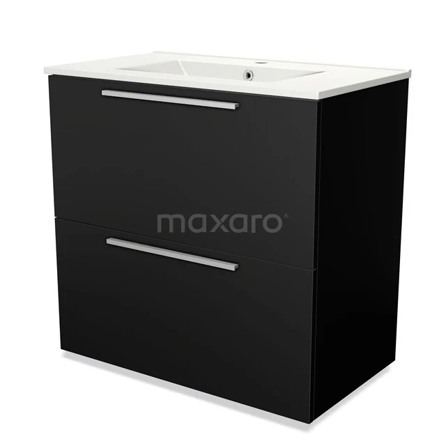 Zwart badkamermeubel met witte wastafel, 2 lades en strakke inox handgrepen, ideaal voor moderne badkamerinrichting.