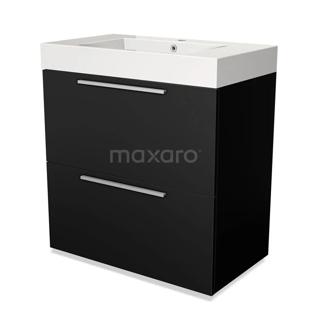 Zwarte badkamerkast met twee lades, glanzende afwerking en witte wastafel; modern design, ideaal voor compacte badkamers.
