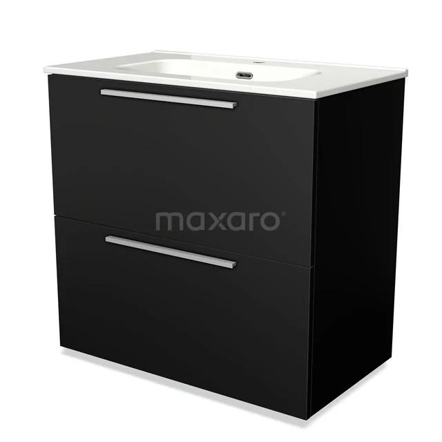 Zwarte wastafelmeubel met dubbele lade, strak design en witte keramische wastafel; perfect voor een moderne badkamerstijl.
