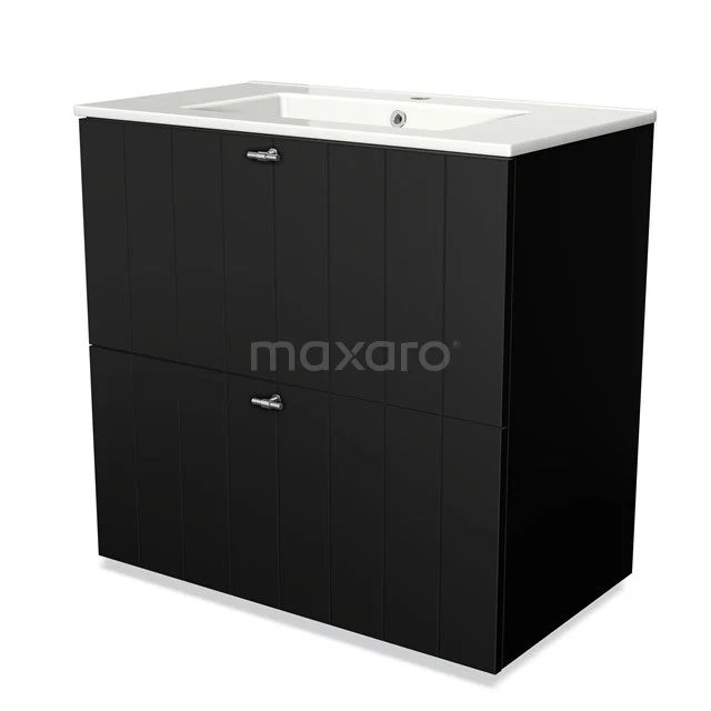 Modulo Vanity units with basin | 80 cm Matte black Slat front Ceramic 2 stacked drawers under each other BMW13-00017 Black vanity unit with two drawers, modern look, ceramic basin, ideal for stylish bathroom decor.