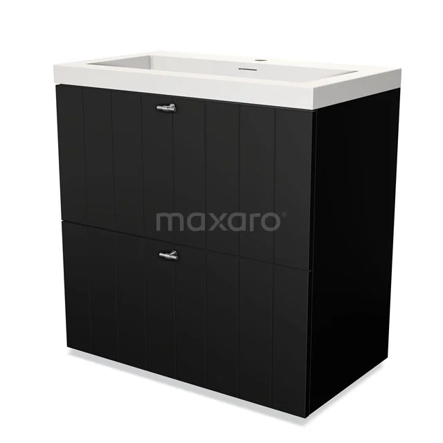 Modulo Bathroom furniture with sink | 80 cm Matte black Slat front Solid surface 2 stacked drawers under each other BMW13-00021 Black bathroom unit with two drawers, matte finish and ceramic vanity units with basin. Modern design for stylish bathrooms.