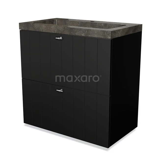 Modulo Vanity units with basin | 80 cm Matte black Slat front Natural stone 2 stacked drawers under each other BMW13-00023 Black bathroom unit with 2 drawers and concrete-look basin, modern design, ideal for stylish bathroom design.