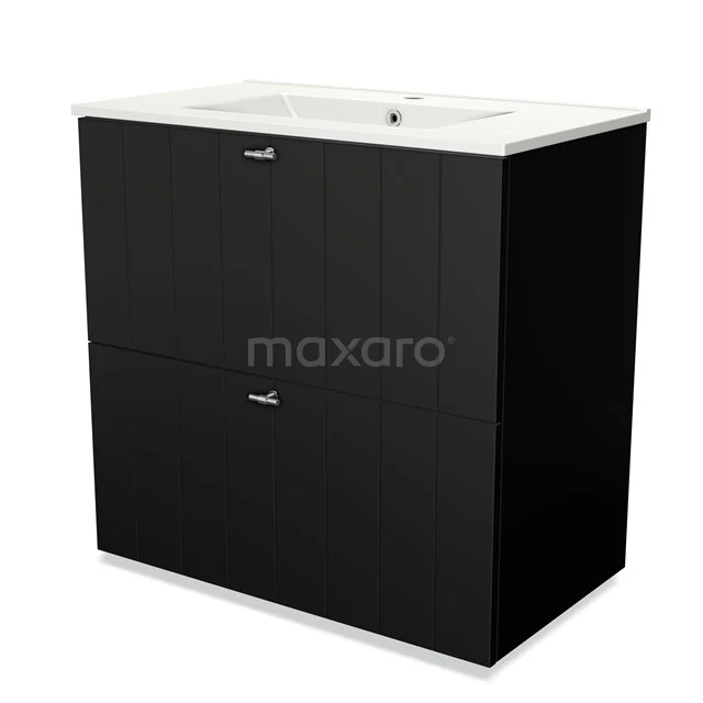Black bathroom unit with two drawers, white ceramic vanity units with basin, sleek design, ideal for modern bathrooms.