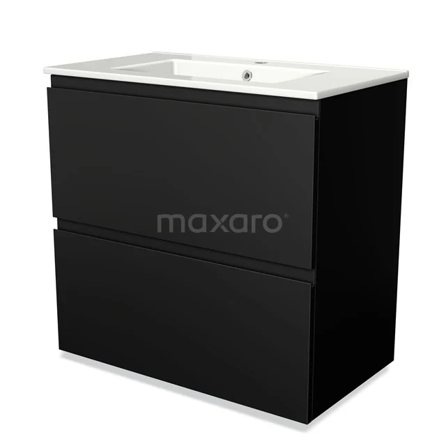 Zwarte badkamermeubelset met twee laden, keramische wastafel en strak design, perfect voor moderne badkamers.