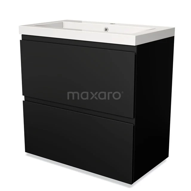 Zwarte badmeubelset met twee lades, wit wastafelblad, modern design, ideaal voor een stijlvolle badkamerinrichting.