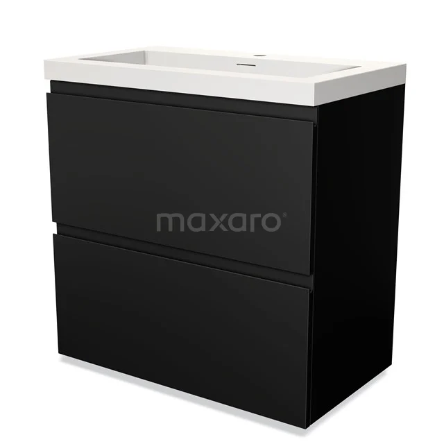 Zwarte badkamerkast met twee lades, witte wastafel van keramiek, strak modern design uit de LuxeLine-serie.