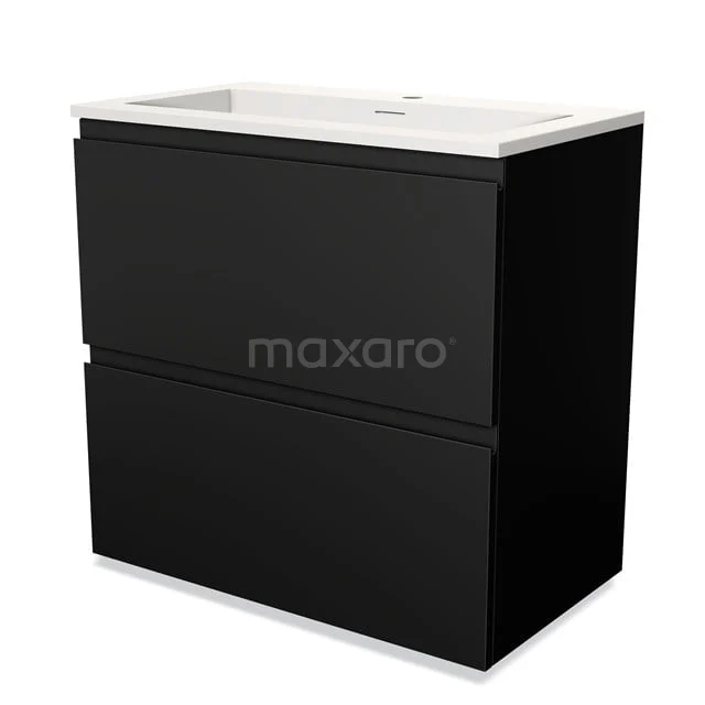 Black bathroom unit with two drawers and white vanity units with basin made of ceramic, sleek design for modern bathrooms.
