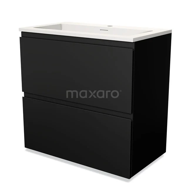 Zwart badkamermeubel met twee lades en een witte wastafel van keramiek, strak design voor moderne badkamers.