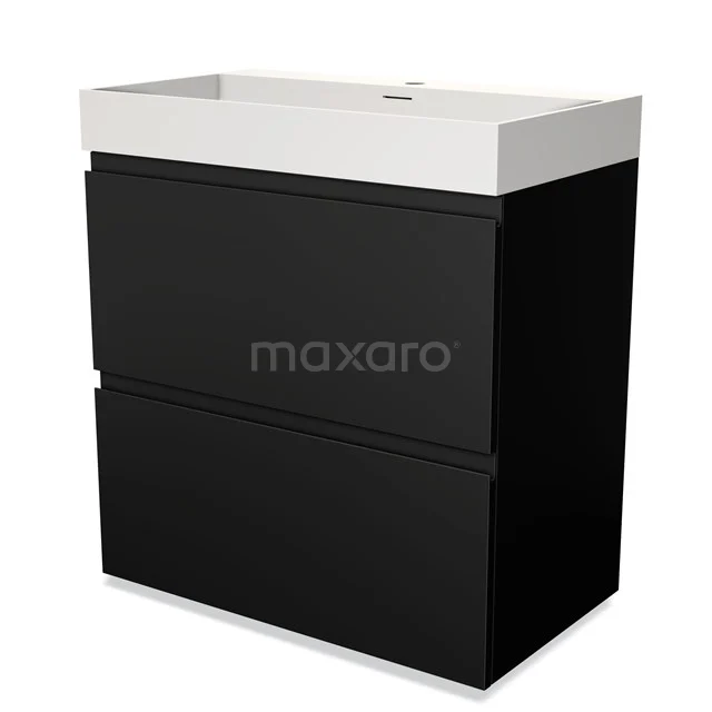 Zwarte badkamermeubel met twee lades en witte wastafel, modern design, ideaal voor stijlvolle en compacte badkamers.
