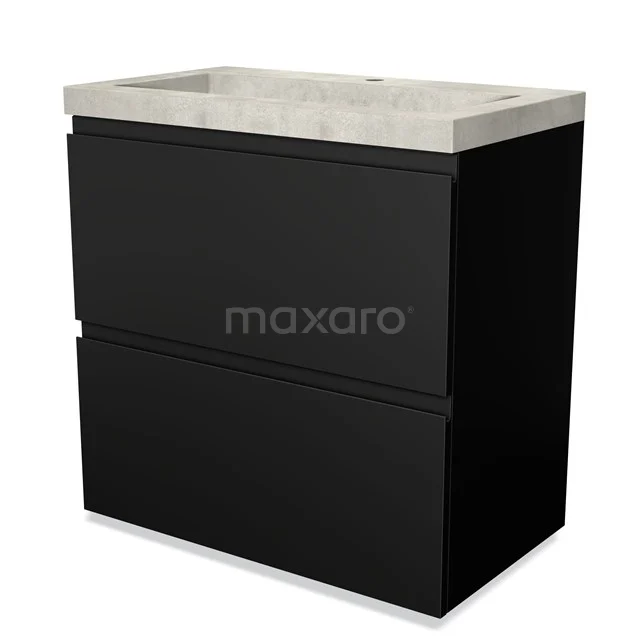 Zwart wastafelmeubel met twee lades en betonnen wasbak, modern design, perfect voor een stijlvolle badkamer.