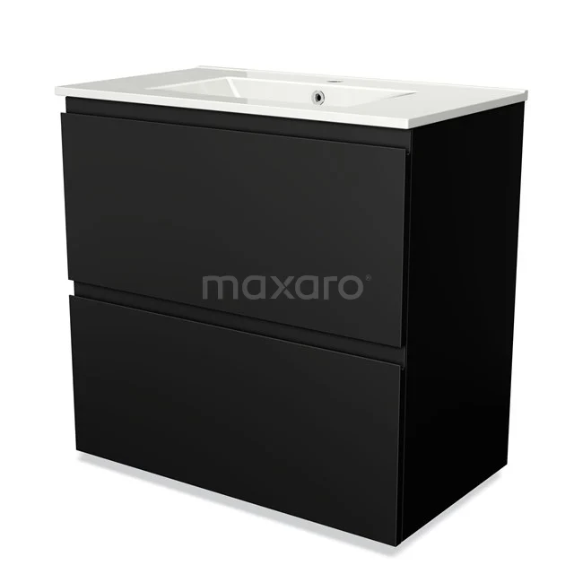 Zwart badkamermeubel met twee lades, strakke vormgeving, keramische wastafel en modern design, perfect voor elke badkamerstijl.