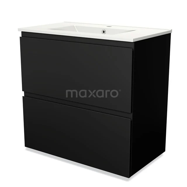 Zwarte badkamermeubelset met twee lades, modern design, keramische wastafel, perfect voor een stijlvolle badkamer inrichting.