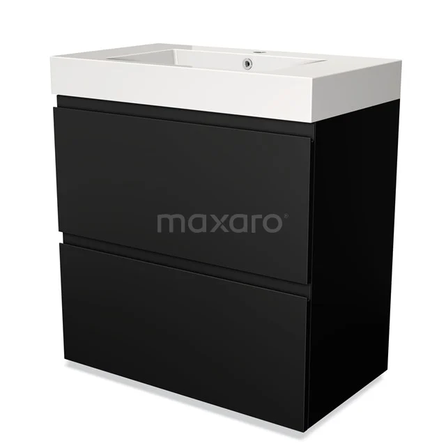 Zwarte badkamerkast met twee lades en een witte wastafel, modern design van hoogwaardig MDF, ideaal voor stijlvolle badkameropslag.