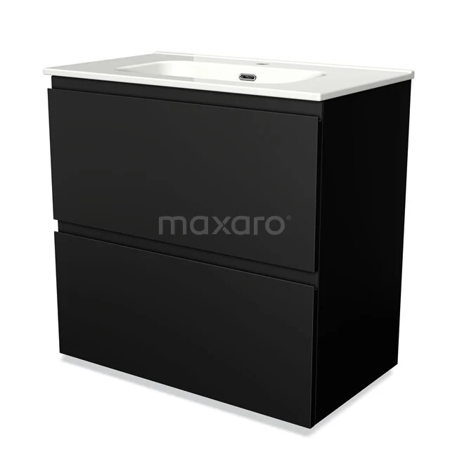 Black bathroom unit with two drawers, white ceramic basin, modern design, ideal for stylish bathroom design.