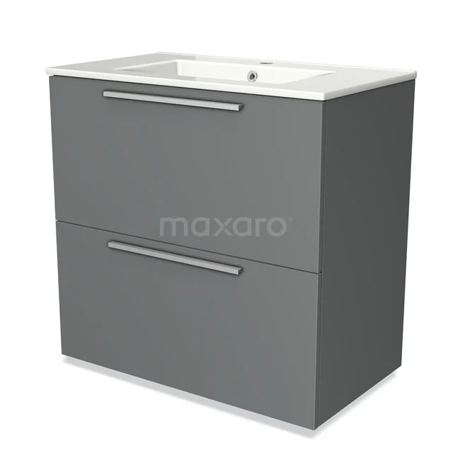 Grey bathroom furniture set with rectangular ceramic basin, two drawers and sleek metal handles.