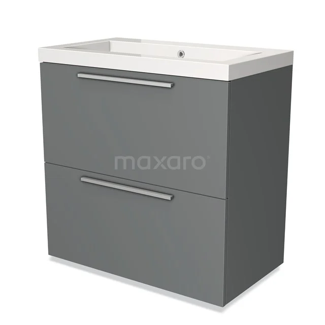 Grijze badkamermeubelset met strak design, dubbele lades en witte wastafel van keramiek. Geschikt voor moderne badkamers.