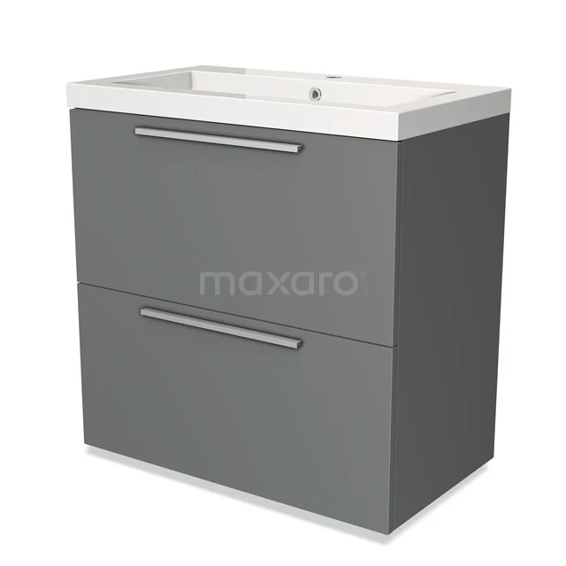 Grijze badkamermeubelset met witte wastafel, 2 lades en metalen handgrepen, perfect voor een moderne badkamerinrichting.
