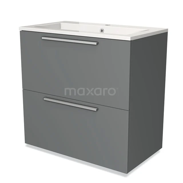 Grijze badkamermeubel met wastafel, twee lades en metalen handgrepen, strak design voor moderne badkamers.