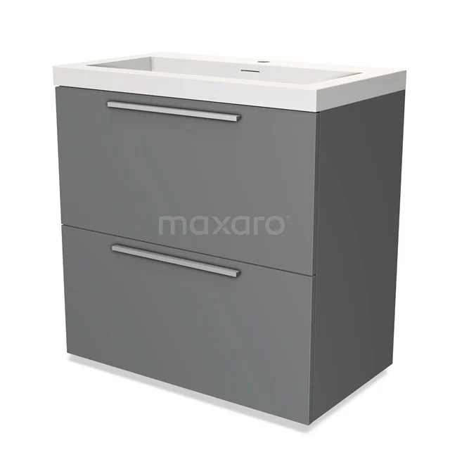 Grijze badkamermeubel met twee lades, chromen handgrepen en keramische wastafel, strak en modern design.