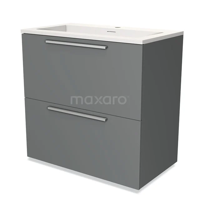 Grijs badkamermeubel met dubbele lade, strakke handgrepen en keramische wastafel, ideaal voor moderne badkameropslag.