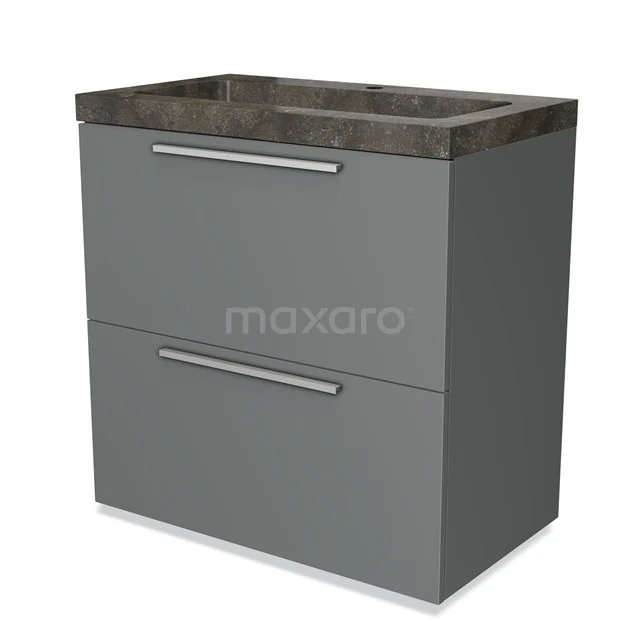 Grey bathroom unit with two drawers and a dark marble basin worktop, stylish and functional design.