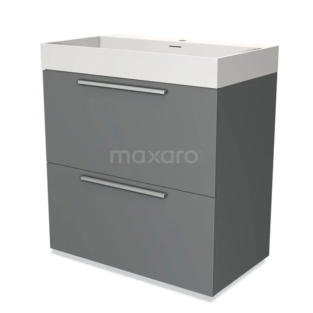 Grijze wastafelmeubel met dubbele lade, rechthoekig design, witte bovenzijde, ideaal voor moderne badkameropslag.