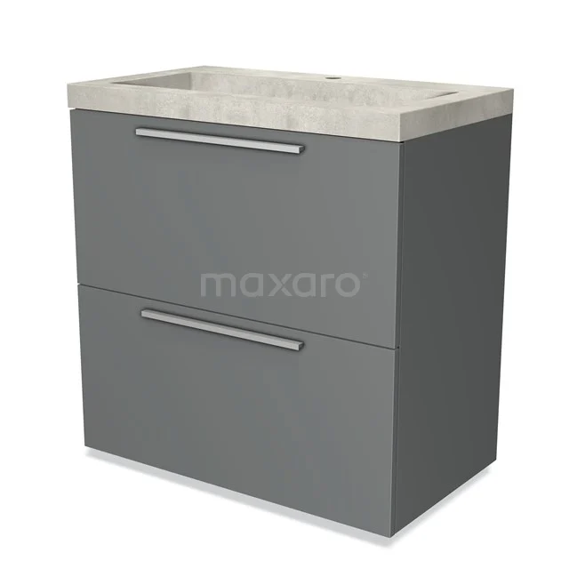 Grijze badkamermeubel met twee lades en een licht marmeren wastafel, modern design van duurzame materialen.