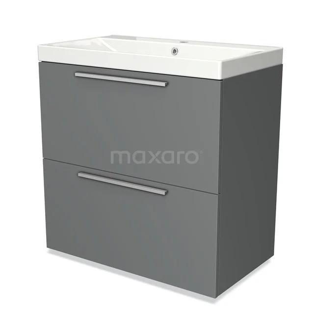 Grey bathroom unit with two drawers, white ceramic vanity units with basin and modern metal handles.