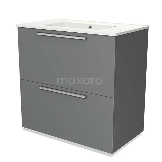 Grijze badkamermeubelset met modern design, twee lades en witte wastafel, perfect voor stijlvolle badkameropberging.