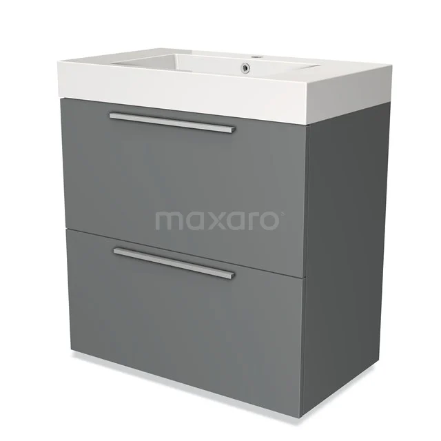 Grijze wastafelonderkast met keramische wastafel, strak design en twee lades; perfect voor moderne badkamerrenovaties.