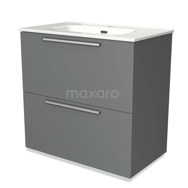 Grijze badkamerkast met twee lades, metalen handgrepen en keramische wastafel; strak en modern design.