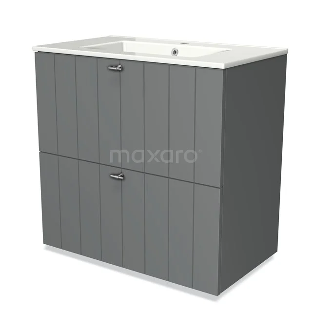Grijze badkamerkast met dubbele deur, verticale lijnenpatroon en witte wastafel; ideaal voor stijlvolle en praktische opbergruimte.