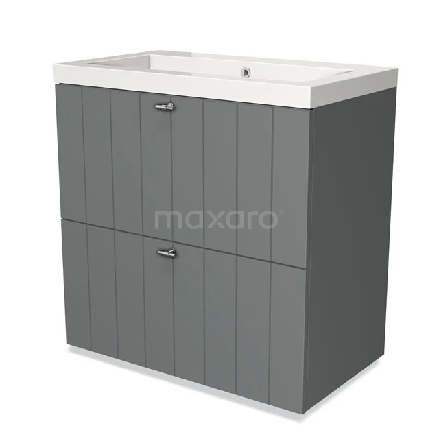 Grijze badkamermeubel met verticale lijnen, witte wastafel en twee soft-close lades, modern ontwerp uit de Luxe-serie.