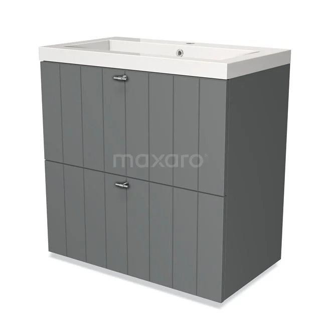 Grijze badkamermeubelset met witte wastafel, strak paneelontwerp en twee opberglades, ideaal voor moderne badkamers.