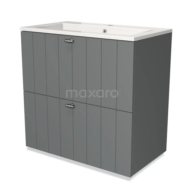 Grijze badkamermeubelset met wastafel, moderne geaccentueerde panelen en twee ruime opbergladen.