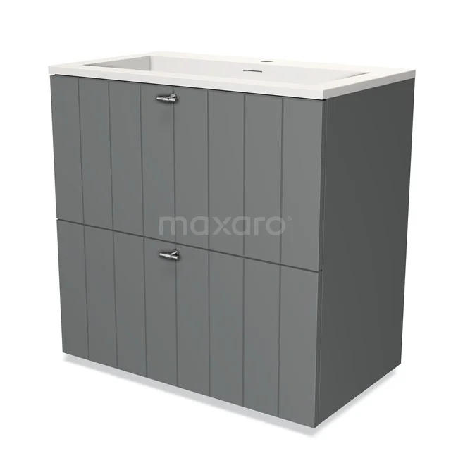 Grijze badkamerkast met houtnerfpatroon, twee lades en geïntegreerde wastafel; modern design voor stijlvolle badkameropslag.